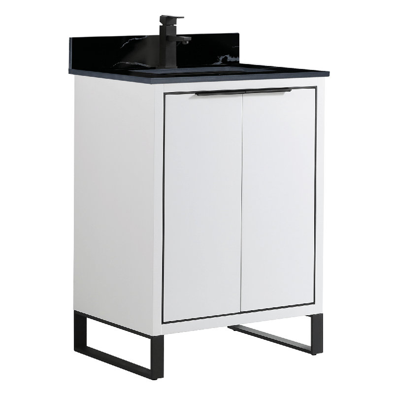 24'' Single Bathroom Vanity with Stone Top, Matte Black, White Matte