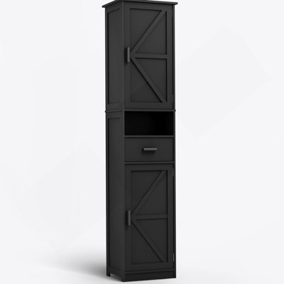 Armoire de rangement pour salle de bain avec 2 portes de grange et 1 tiroir, unité de rangement étroite, tablettes réglables