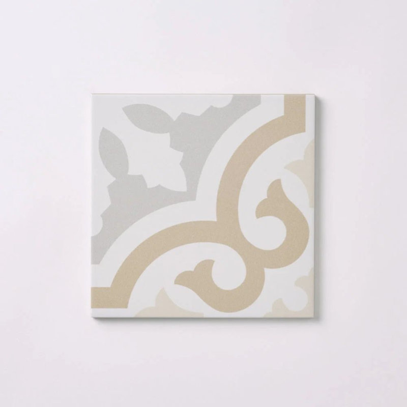 Casablanca Encaustic‑Look Patterned Porcelain Floor & Wall Tile, 8" x 8", Patterned, White/Gold/Silver