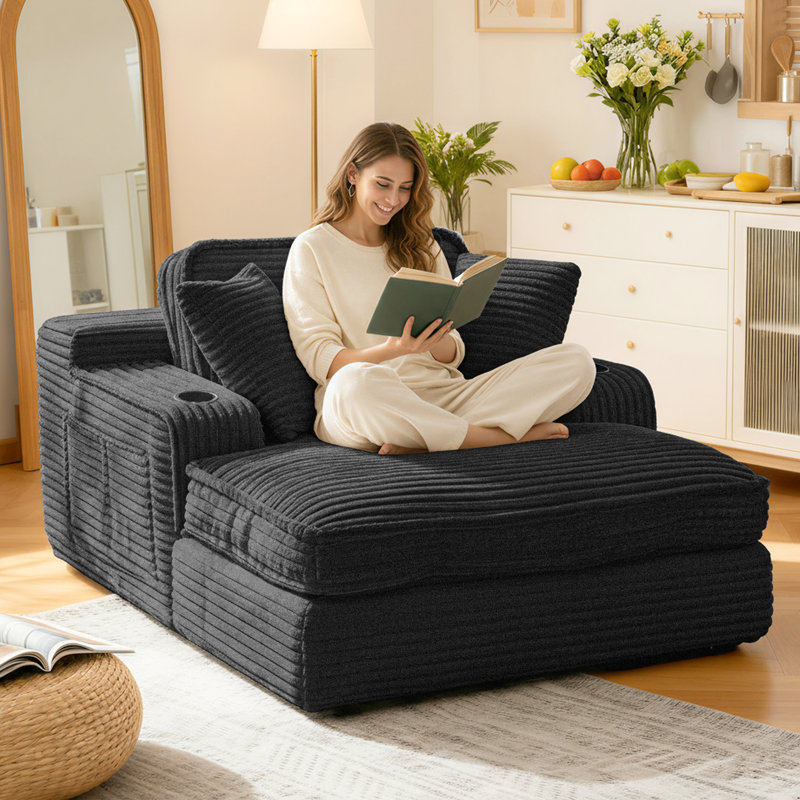Oversized Cloud Chaise Lounge With Cup Holders & Side Pocket, No Assembly Required, Corduroy, Black