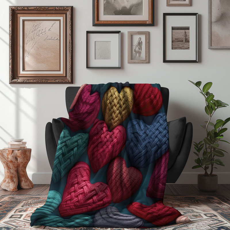 Jeté Cuddly Yarn Hearts - 1 pièce Sherpa, 50 po x 60 po