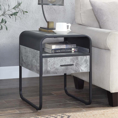 Table de bout industrielle carrée, noire et grise, structure en métal, un tiroir avec glissière latérale, compartiment ouvert, convient à la table de rangement à magazines, finition gris béton, tiroir, tablette, extension 1/2, courbée