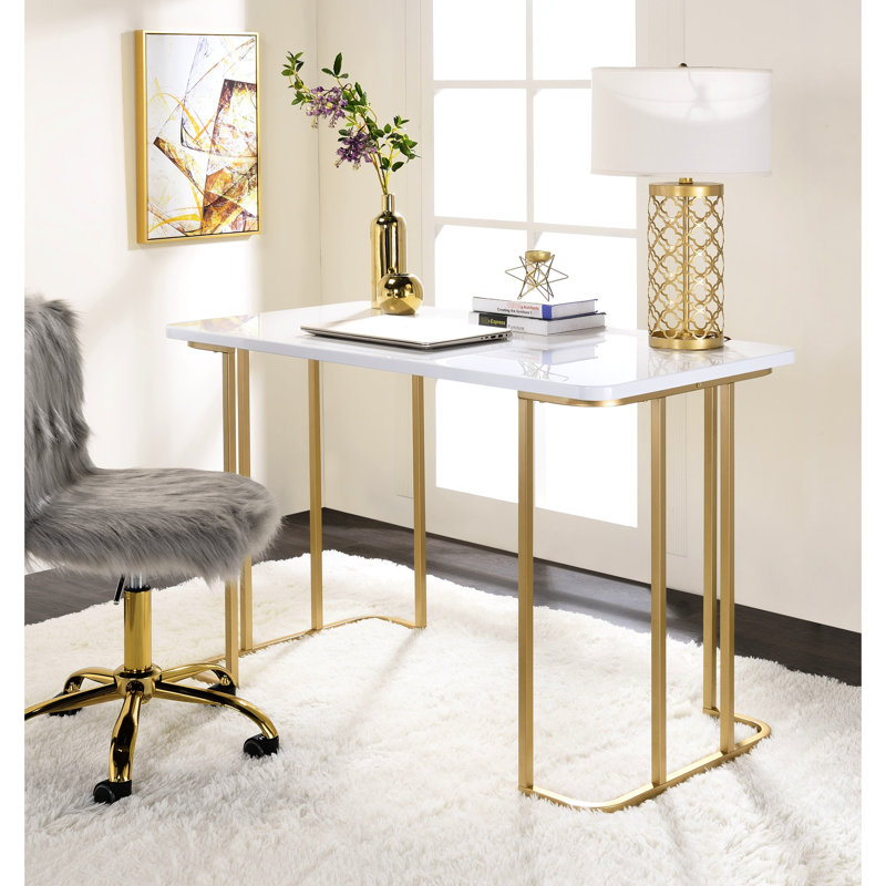 Writing Desk White & Gold, Rectangular, Open Base Metal Square Tube, Composite Wood, 24" Deep X 48" Wide 31" High Rectangular With Gold Color, Synthetic 31