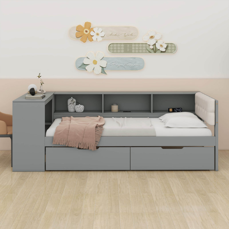 Wood Platform Bed With Storage Shelves And Drawers,Platform Bed Frame With Charging Station And Upholstered Headboard, Twin
