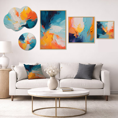 «Blue & Orange Paint Expression IV», ensemble de 5 décorations murales abstraites sur toile et en métal (100 po x 40 po)
