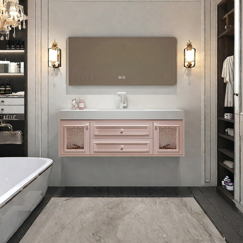 French cream style smart bathroom cabinet, 19.68" H x 62.99" W x 21.65" D, Light Pink