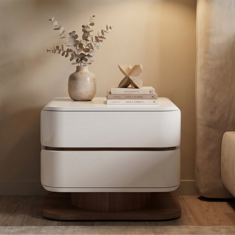 Modern White 2-drawer Nightstand With Walnut Rotating Base - 26.8"