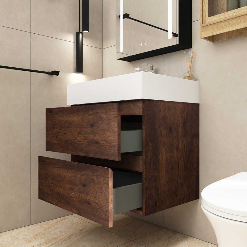 Meuble-lavabo simple 24 po avec plateau Kansiray, Blanc, Noyer