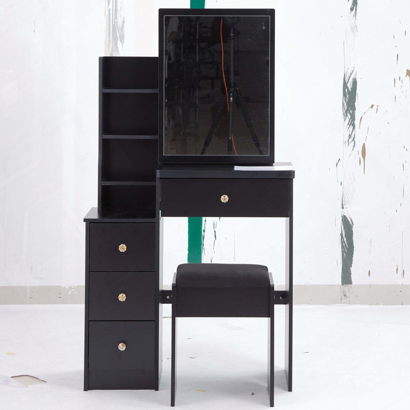 29.2" Small Space Vanity Table with Sliding Mirror, Stool and High Capacity Storage