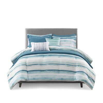 8 Piece Seersucker Bedding Queen - Relaxing Watercolor Stripe Print Storm Blue, , Teal 2 Shams, 3 Decorative Pillows Bedroom Furnishings With Channel Stitch Quilting Comforter Quilt Serene