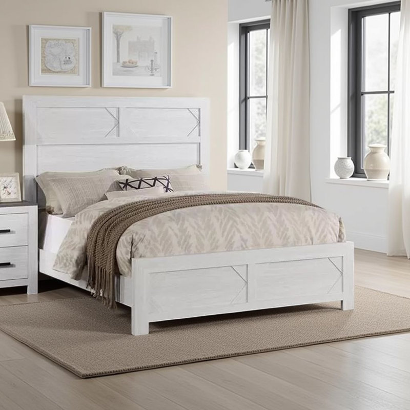 Lit moderne grand, tête de lit haute et pied de lit bas, bois blanchi
