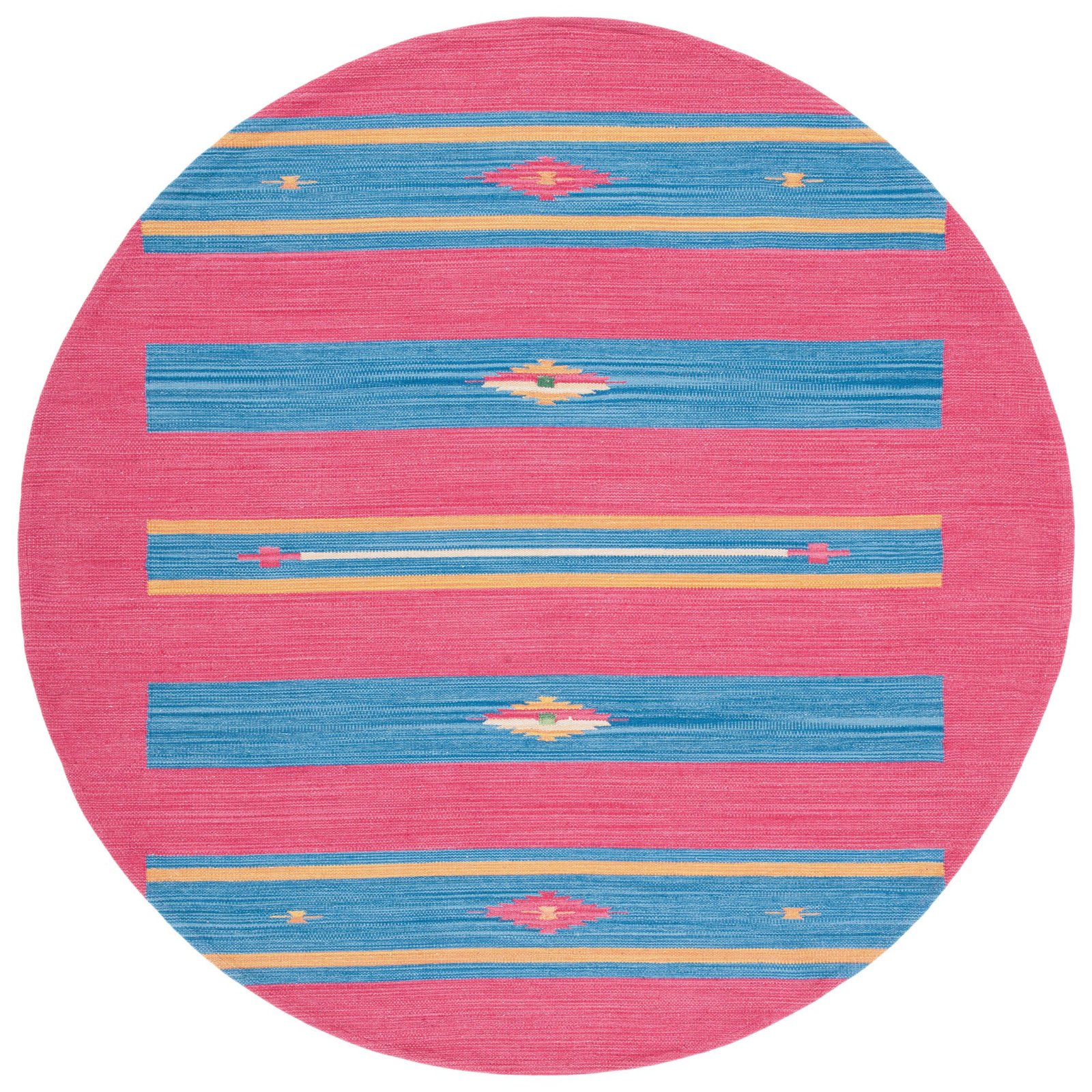 Danely Pink Blue Yellow Flatweave Cotton Rug, Round 6'