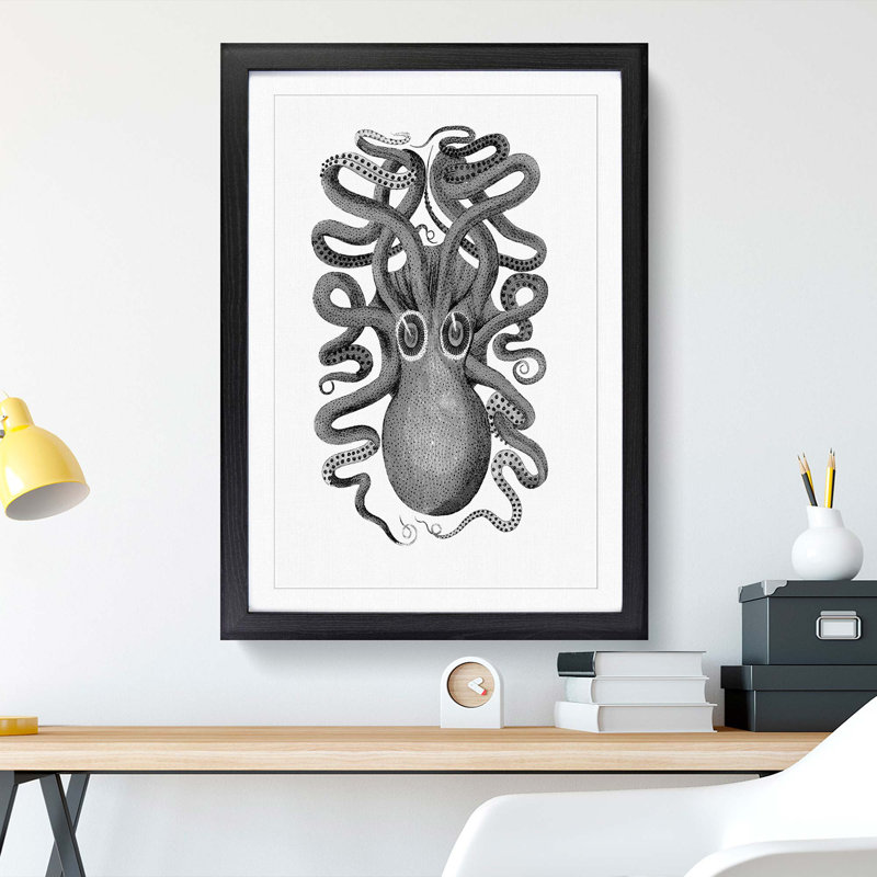 Octopus in Black and White by George Shaw - Framed Print, 48cm H x 36cm W x 2cm D, Black Framed