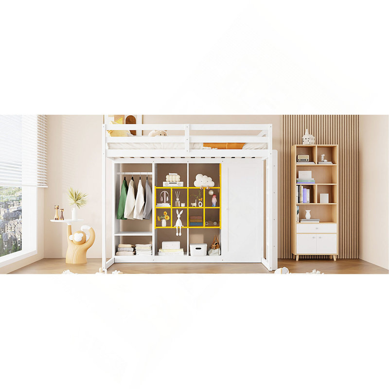 Lit mezzanine en bois avec garde-robe, tablettes et armoire, Jaune / Blanc, Lit simple