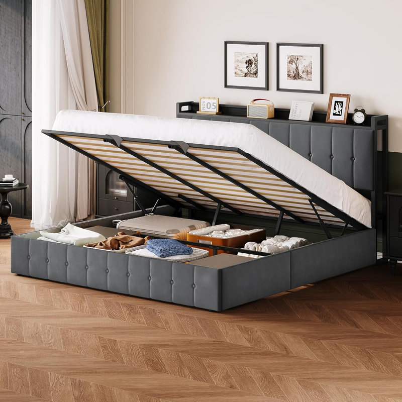 Très grand cadre de lit avec rangement relevable, lit tapissier en velours avec tête de lit, gris, Très grand