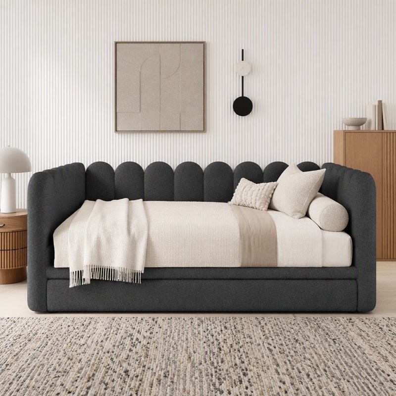 Grand lit de jour rembourré avec gigogne, gris, Gris, Avec couchette