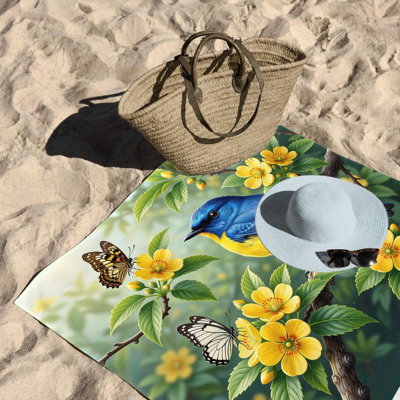1Pcs Artistic Bird and Butterfly Beach Towel, featuring a vibrant blue yellow perched on branch surrounded by flowers delicate butterflies. Large microfiber, perfect for trips, pool days, outdoor adventures, unis