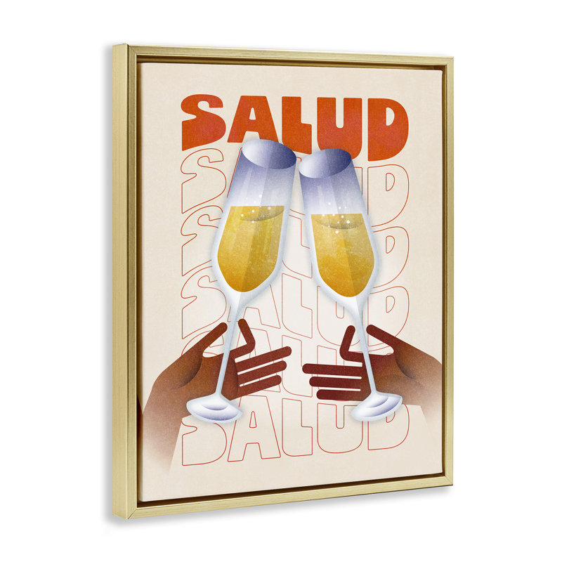 "Salud Cheers Champagne", art mural sur toile flottante par Victoria Barnes, Cadre flottant métallique doré