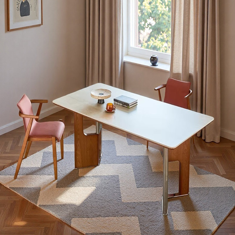 Beige Rock Slab Rectangular Dining Table Sets, 5 Pieces: Table, 4 Chairs, 29.52" H x 62.99" W x 35.43" D