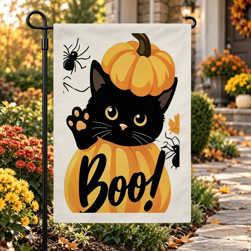 Drapeau de jardin de bienvenue pour l'Halloween, double face, 30 x 45 cm, chat citrouille noir et orange