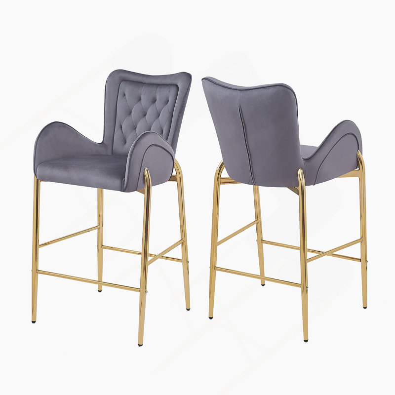 Ensemble de 2 tabourets de bar à hauteur de comptoir 28,75 pouces, tabourets en velours avec pieds et repose-pieds dorés, gris