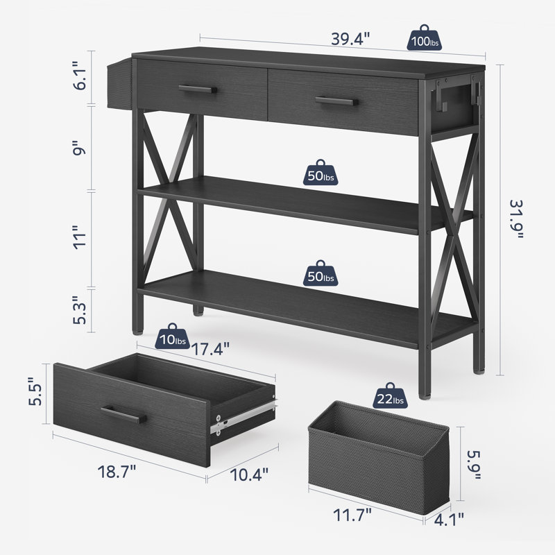 Console moderne avec 2 tiroirs, 2 tablettes, un panier de rangement et des crochets - idéale pour le vestibule ou derrière le canapé