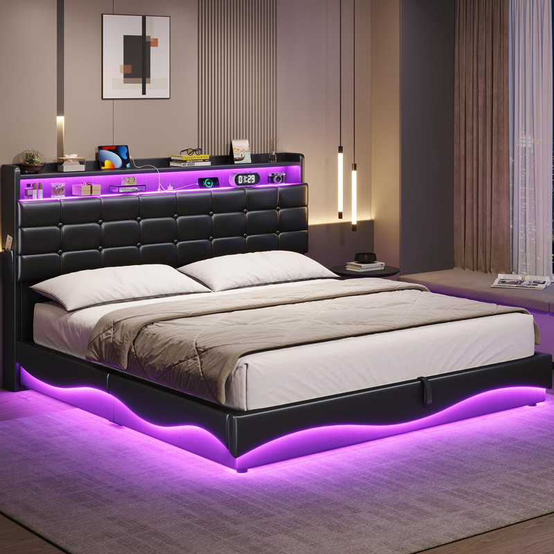 Lift Up Storage  Bed Frame With Charging Station And Hidden Storage Headboard, Led Lights Upholstered Platform Bed With Hydraulic Storage,