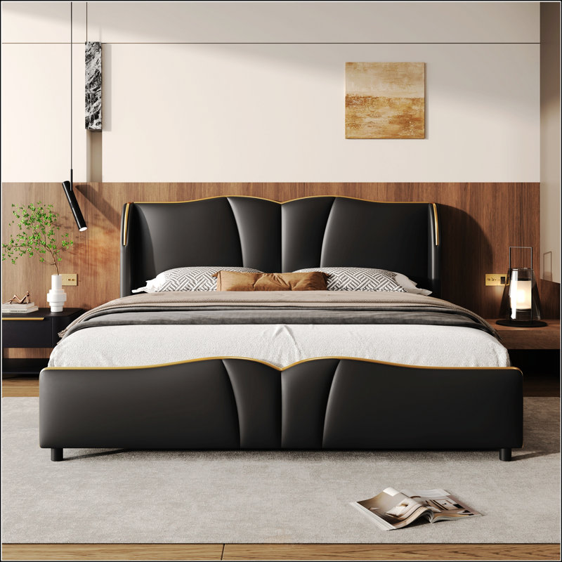 Base de lit rembourrée en cuir pour grand lit, Grand lit, Noir