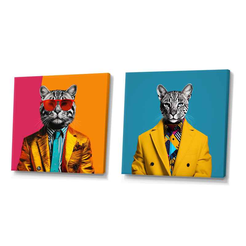 «Popart Iconic Cat In suit I», ensemble de 2 reproductions d'art sur toile, Toile tendue, H 16 po x l 33 po x P 1 po