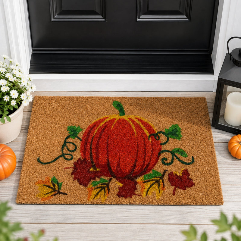 Tapis d'entrée robuste en fibre de coco et noix de coco, motif citrouille beige et orange d'automne, avec dos en caoutchouc antidérapant