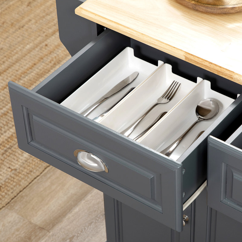 Kitchen Island With Storage, Rolling Kitchen Serving Cart With Rubber Wood Top, Towel Rack, Spice Rack, Storage Drawer And Cabinet