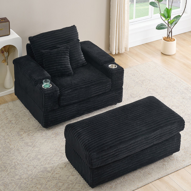 Canapé 43 po avec repose-pieds en velours côtelé 43 po, Polyester noir