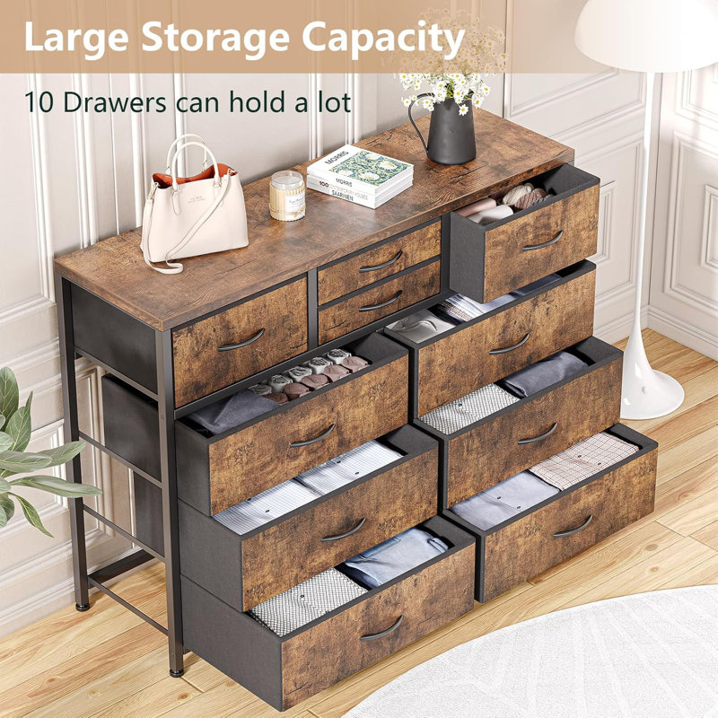 Dresser for Bedroom TV Stand for 55” TV, Entertainment Center with 10 Drawers, 13.7", Brown