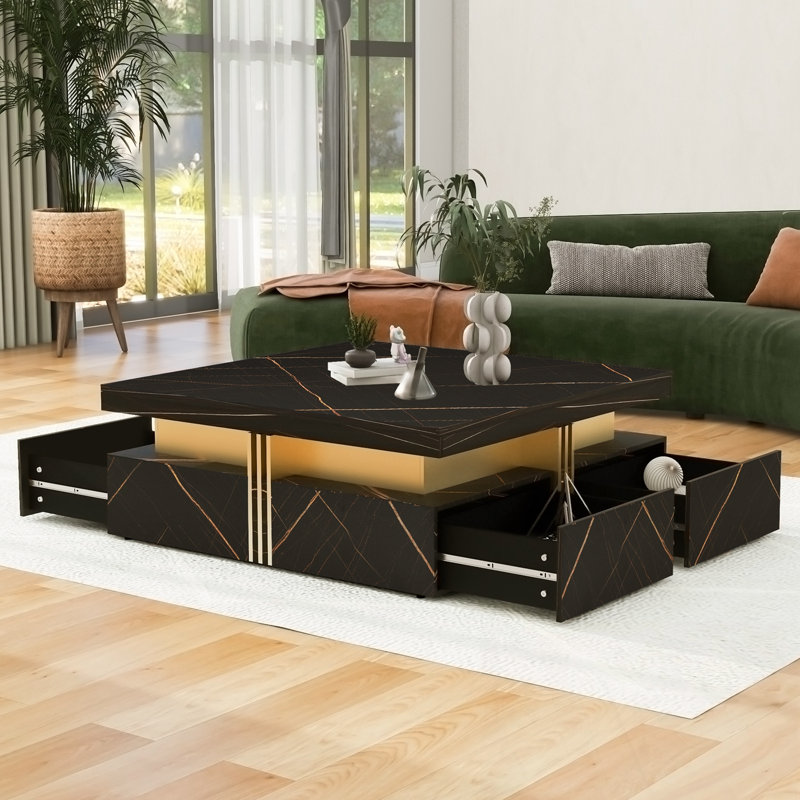 Square Storage Coffee Table With 4 Drawers, Black