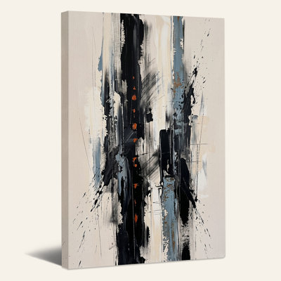 Tableau abstrait à coups de pinceau verticaux noirs, beiges et oranges sur toile
