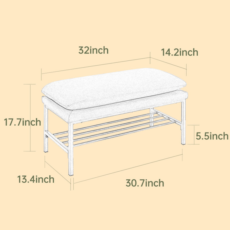 Upholstered Shoe Storage Bench With Cushioned Seat, End Of Bed Bench With Open Shelf And Metal Legs For Entryway, Gray