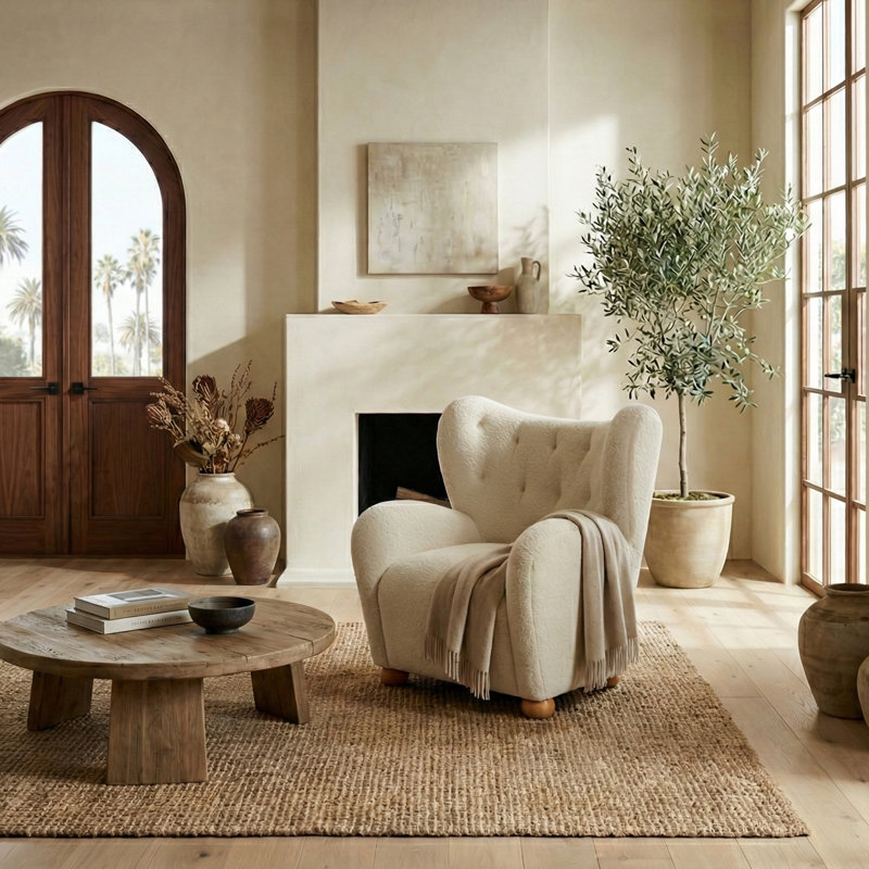 Levin Wingback Accent Chair, Beige Faux Shearling