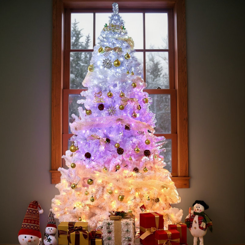 Arbre de Noël artificiel blanc 7,5 pi, lumières multicolores multicolores et blanc chaud, pin artificiel de Noël avec pieds en métal