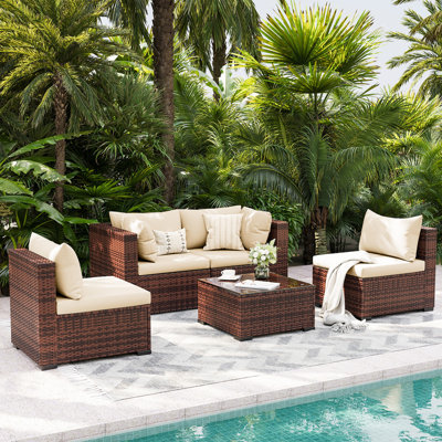 Modular Brown PE Rattan Outdoor Conversation Sets, 5 Piece Patio Furniture Set with Steel Frame, Sectional Outdoor Patio Sofa with Coffee Table for Backyard Balcony Deck