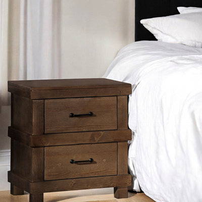 Traditional Bedroom Nightstand With Industrial Design Features, 2 Drawers, Bearing Glides, Dark Metal Handles, Antique Oak Finish, 23 Inches High Nightstand, 1 Piece Style Accents, Felt - Lined Top,