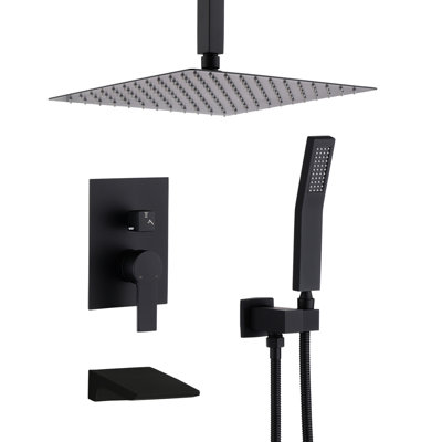 Robinet de douche 10 pouces en noir mat, acier inoxydable, disque en céramique équilibré, bras de plafond, 3 boutons, valve murale, 31 fonctions,