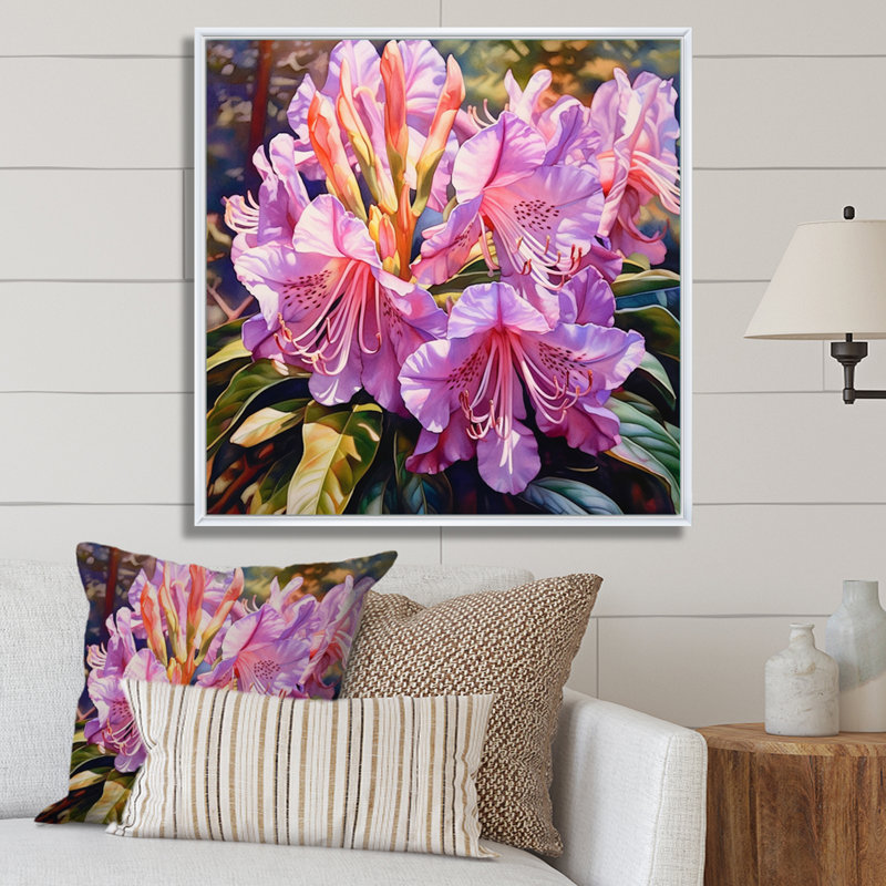 Fleurs de rhododendron mauve sur toile, Cadre flottant blanc, H 30 po x l 30 po x P 1 po
