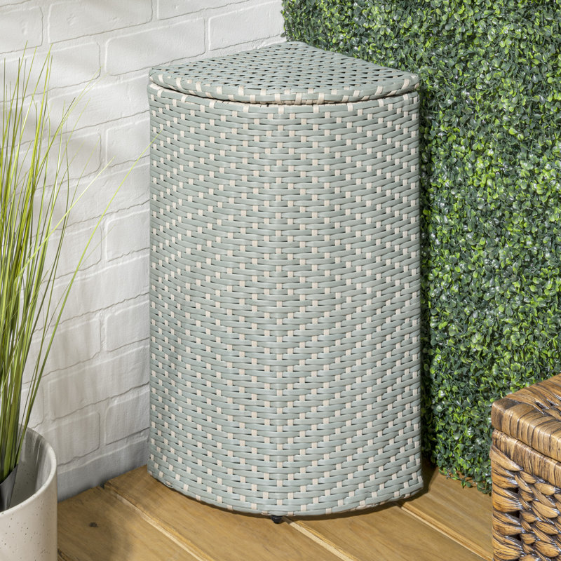 Chloe 15.56-Gallon All-Weather Wicker/Metal Corner Hideaway Outdoor Trash Can, Mint Blue/White