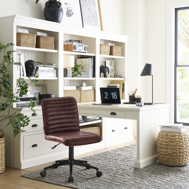 Faux Leather Mid Back Swivel Computer Task Desk Chair, Black, Faux Leather  Dark Brown