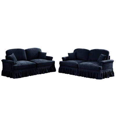 Ensemble de 2 pièces classiques bleues avec volants détachables, coussin décoratif doux et accoudoirs évasés en tissu à fil d'argent, jupes amovibles, mousse haute densité pour plus de confort