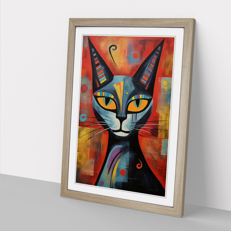 Egyptian Cat Abstract No.4 - Single Picture Frame Print on Wood, 64cm H x 46cm W, Oak Framed