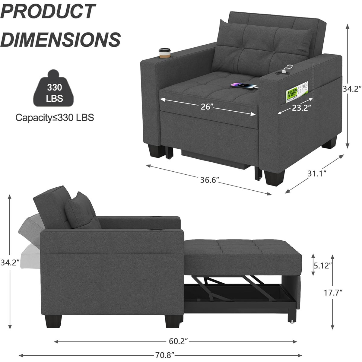 Latitude Run 36.6" Wide Convertible Chair 3-In-1 Pull Out Sleeper Futon Chair Beds with USB
