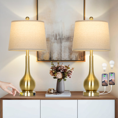 Lampes de table modernes dorées de 26 po avec abat-jour en tissu avoine, ports de charge USB et de type C, ampoules à intensité variable incluses