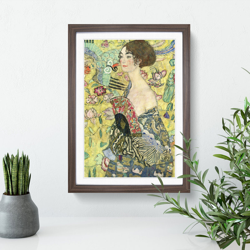 Lady with a Fan by Gustav Klimt - Picture Frame Painting, Walnut Framed, 48cm H x 36cm W x 2cm D