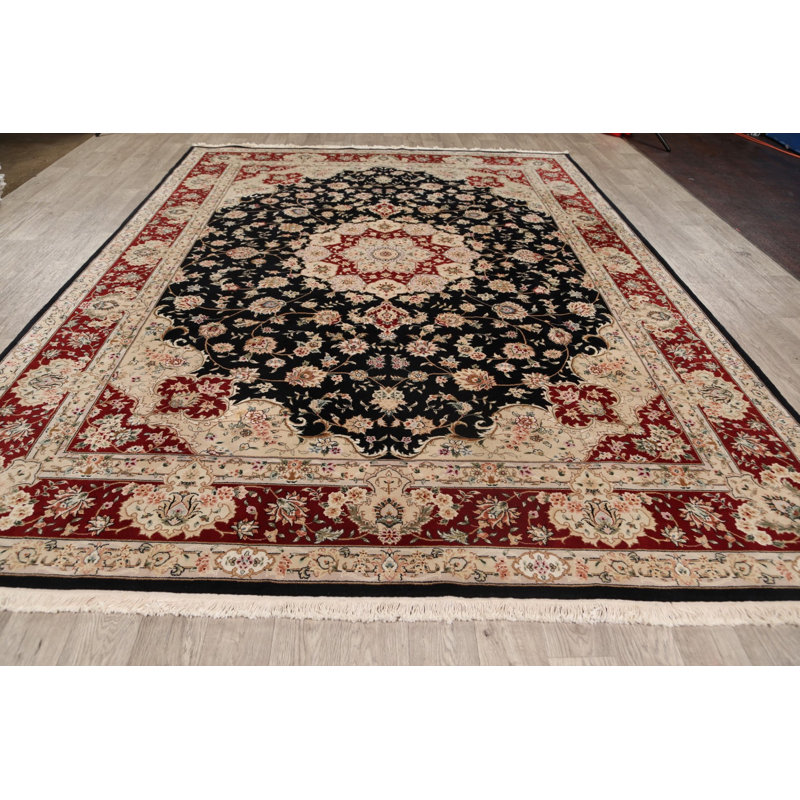 Tapis décoratif en laine noir de conception unique 8 pi 9 po x 11 pi 10 po noué à la main Tabriz